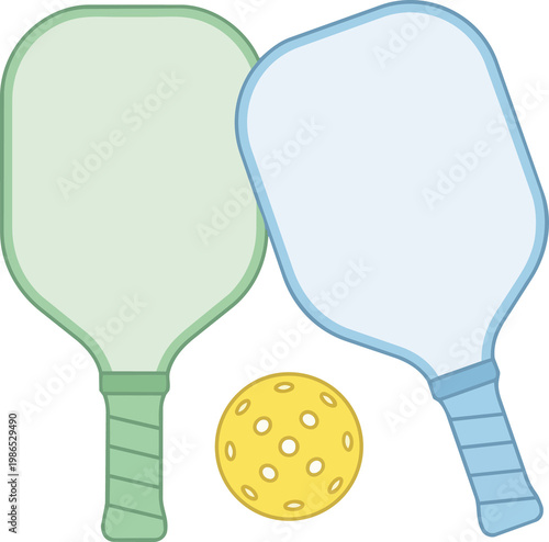 Two pickleball paddles in green and blue with a yellow pickleball on a black background in a vector illustration design