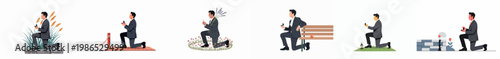 Flat illustration set of men in suits kneeling to propose with engagement rings in various outdoor settings.