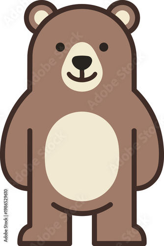 Upright standing cartoon teddy bear character illustration with beige and brown colors cute face and friendly smile on a clean black backdrop