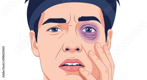 Close up portrait of a young man with a purple black eye and a cut lip looking distressed and touching his face with his hand.