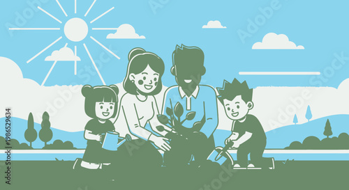Happy family with two children outdoors.