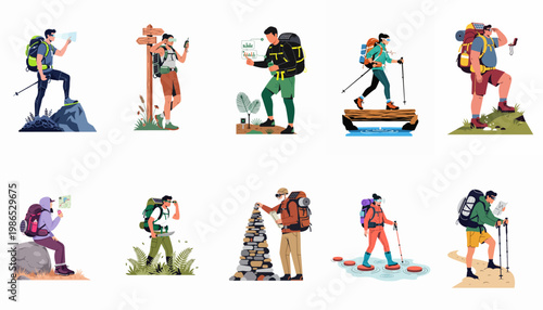 Vector illustration collection of modern hikers with backpacks and smart gadgets exploring diverse outdoor terrains and landscapes, isolated on a white background.