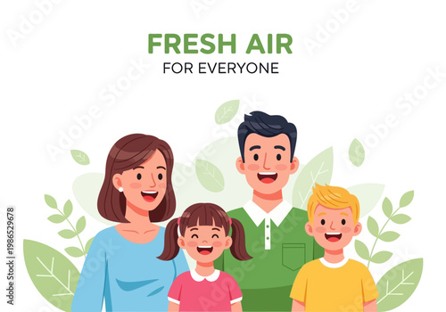 Happy family enjoying fresh air illustration vector, healthy lifestyle and clean environment concept