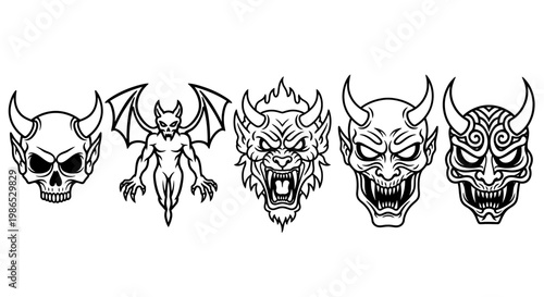 Collection of devil monster faces icons.