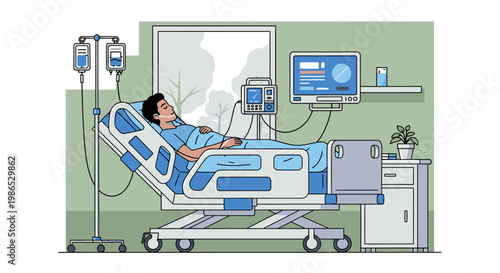 Patient lying on hospital bed.
