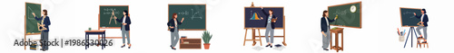 Set of flat vector illustrations featuring a female teacher explaining mathematical and scientific concepts on chalkboards in various classroom scenes.