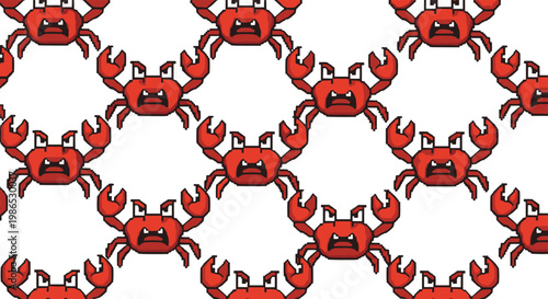 Seamless pattern of red angry crabs in a pixel art style with claws raised on a white background for gaming assets.