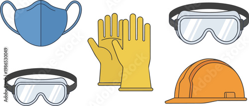 Vector graphic illustrating protective workwear: safety helmet goggles gloves and face mask on a clean black background