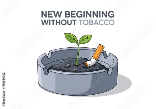 Vector illustration of new beginning without tobacco, plant growing in ashtray with cigarette butt