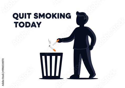 Quit Smoking Today Vector Illustration - A Person Discarding Cigarettes into a Trash Can