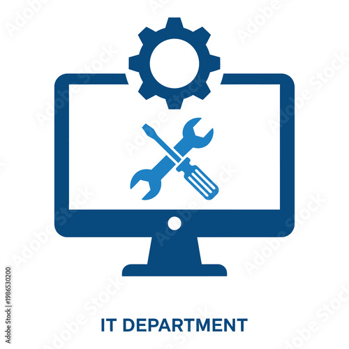 IT department computer screen with gear wrench and screwdriver icon icon