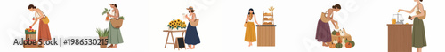 Minimalist flat illustration set of women shopping at an organic farmers market for fresh fruits, vegetables, bread, and flowers.