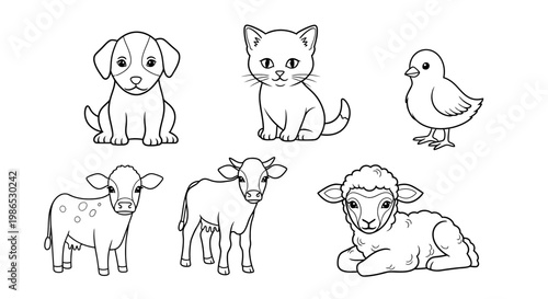 Cute farm animals and pets group.