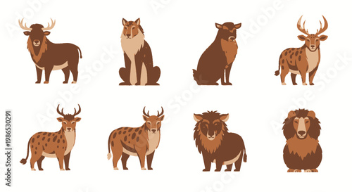 Eight different animal cartoon illustrations standing.