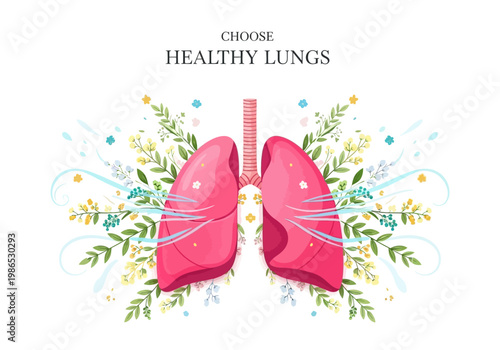 Healthy Lungs Vector Illustration with Floral Accents and Air Streams