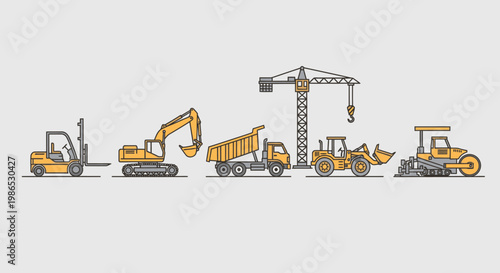 Heavy construction machines in a row.