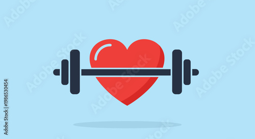 Flat vector illustration of a bright red heart lifting a heavy black barbell representing cardiovascular health and fitness.