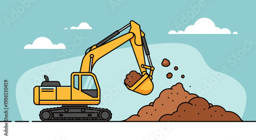Yellow excavator digging earth ground 1.