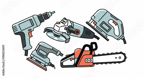 Collection of power tools equipment.