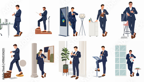 Flat vector illustration collection of a businessman in a pinstripe suit showcasing various professional poses, activities, and time management in modern office settings.