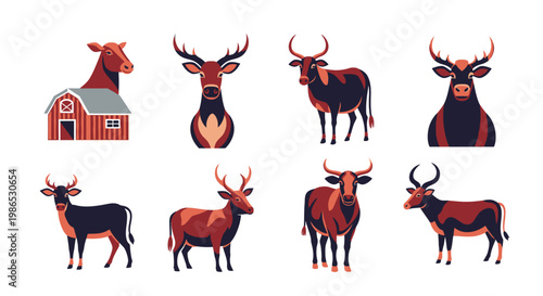 Red and black cows and bulls.