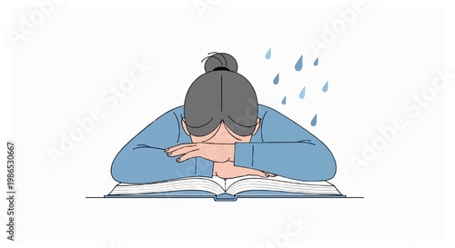 A woman with her hair in a bun rests her head on her arms over an open book while raindrops fall above her.