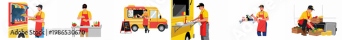 Vector illustration set showing a male food truck worker preparing, serving, and managing a mobile taco business.