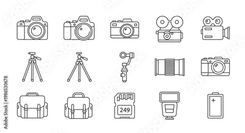 Collection of camera and photography equipment.