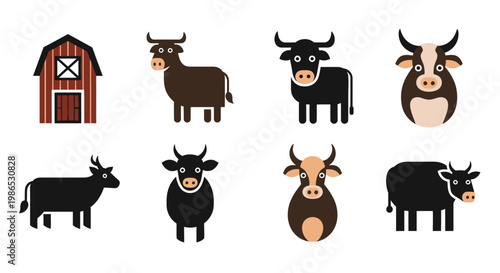 Cows and a barn illustration set.