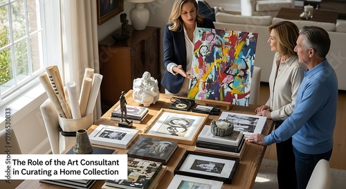 Art consultant curating a diverse collection of framed paintings for a client in a bright gallery setting.