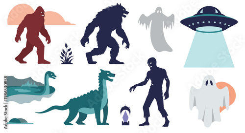 Set of colorful silhouettes and illustrations featuring various mythical monsters like Bigfoot, Werewolf, UFO, and ghosts.