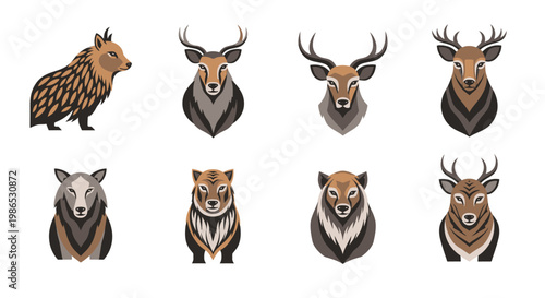 Eight animal heads in a row.