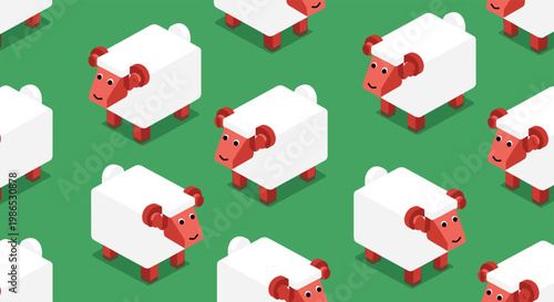 Stylized seamless pattern of white sheep with red faces in an isometric block style on a solid green background.