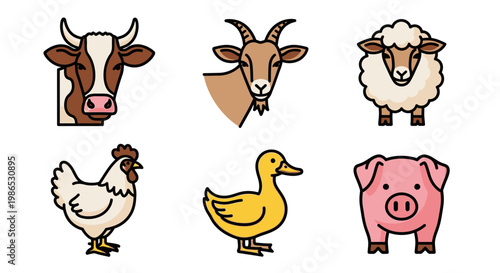 Farm animals in cartoon style.