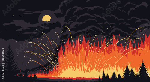 Large Forest Fire Burning at Night.