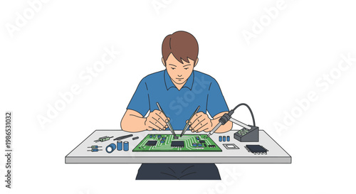 Man working on circuit board electronics.