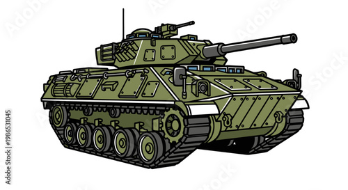 Military green tank with long gun.