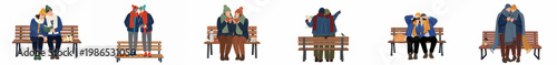 Vector illustration set of romantic couples in autumn outfits enjoying outdoor activities together on park benches.