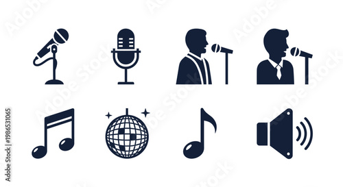 Music microphones and notes icons set.