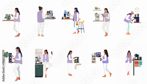 Collection of illustrations featuring a woman in a purple vest using different coffee makers and espresso machines in a modern kitchen.