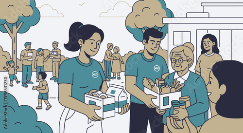 Volunteers helping senior with food boxes.