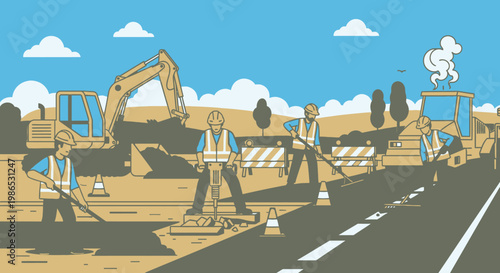 Workers on road construction site.