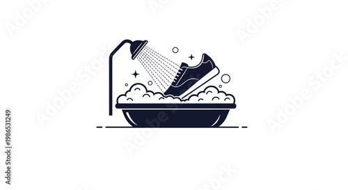 Creative line art illustration of a sneaker taking a shower in a bathtub filled with plenty of bubbles and soapy foam.
