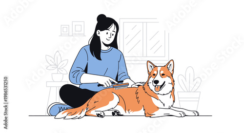Woman sitting with orange dog.