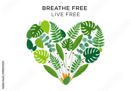 Vector heart shape made of green leaves and cigarettes, representing anti-smoking and healthy living