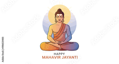Illustrative vector art for Mahavir Jayanti depicts Lord Mahavir in a meditative pose against a soft, glowing halo, celebrating the Jain festival with a peaceful spiritual concept