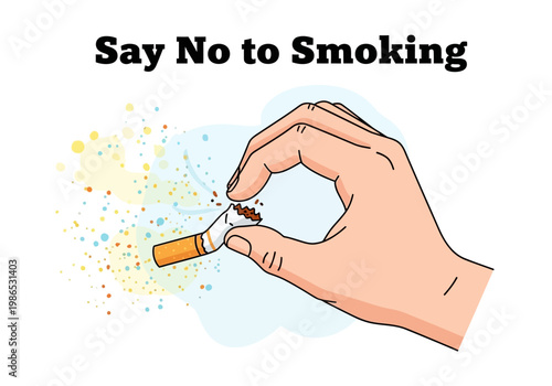 Vector illustration of a hand crushing a cigarette, saying no to tobacco and smoking, representing health