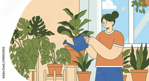 Woman watering houseplants with blue watering.