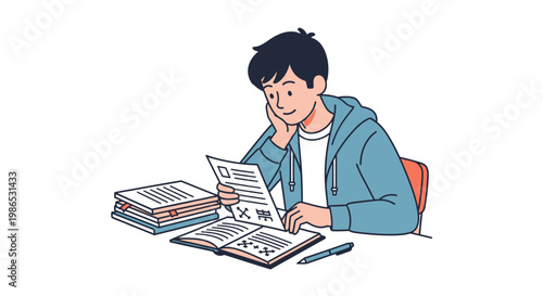 Young man studying with books.