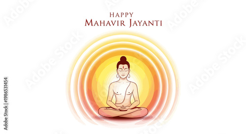 A serene vector illustration depicts Lord Mahavir in a meditative pose for Mahavir Jayanti, set against a radiant, concentric background with warm hues, symbolizing spiritual enlightenment
